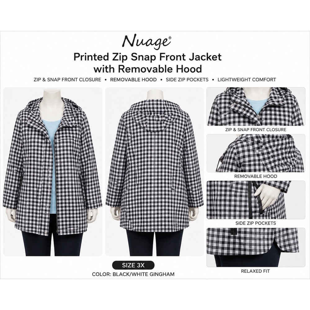 Nuage Womens 3X Gingham Printed Zip Snap Front Jacket Removable Hood Black White